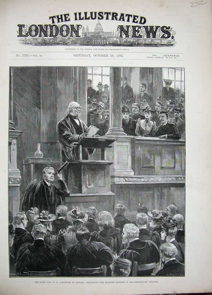 Original Old Antique Print 1892 Gladstone Oxford Sheldonian Theatre Romanes Art