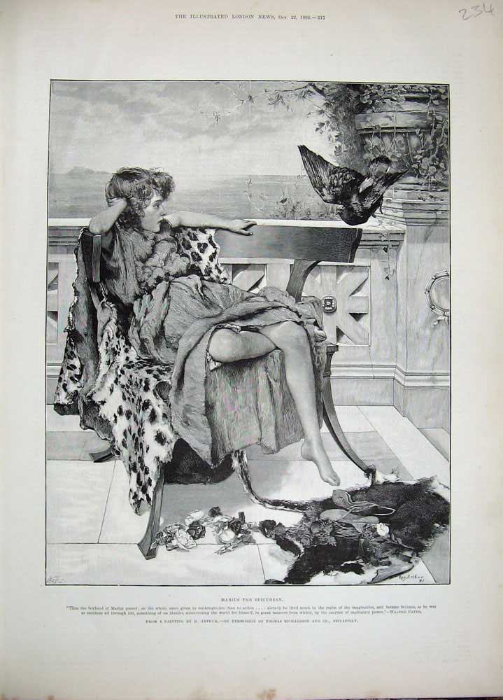 Original Old Antique Print 1892 Marius Epicurean Fur Skins Bird Balcony 19th
