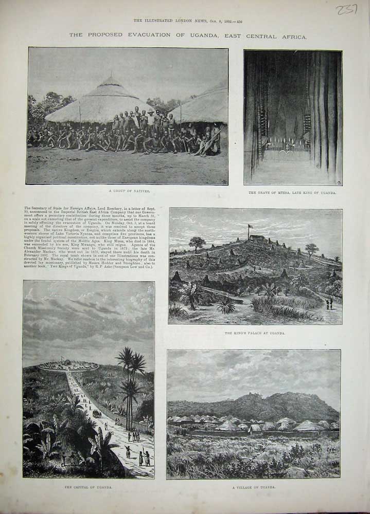 Original Old Antique Print 1892 Uganda Africa King'S Palace Grave Mtesa Natives