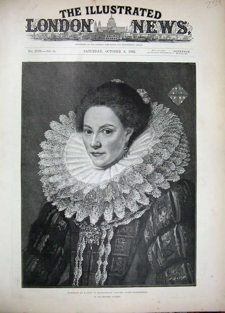 Old Antique Print 1892 Portrait Lady Renaissance Costume Barveistein Art 19th