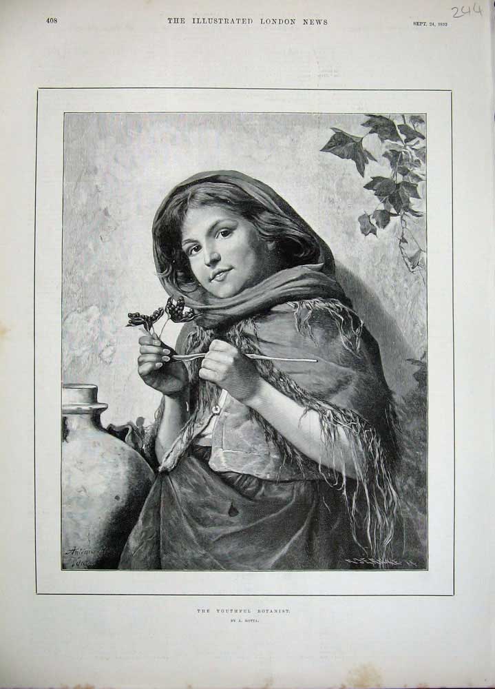 Original Old Antique Print 1892 Youthful Botanist Young Girl Flowers Plants
