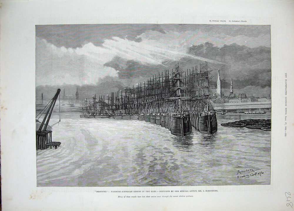 Old Antique Print 1892 Hamburg American Liners Ships Elbe Schonberg Art 19th