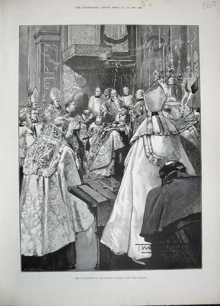 Old Antique Print 1892 Investiture Archbishop Vaughan Pallium Church Art 19th