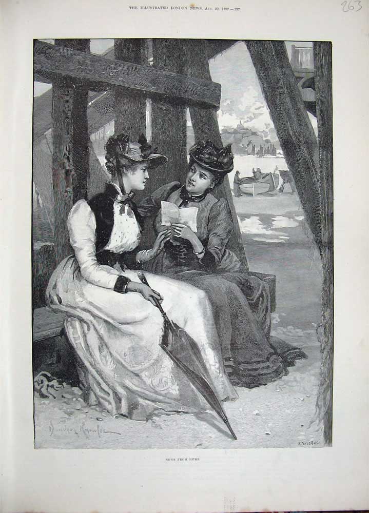 Old Antique Print 1892 Knowles Fine Art Ladies Women Reading Letters War 19th