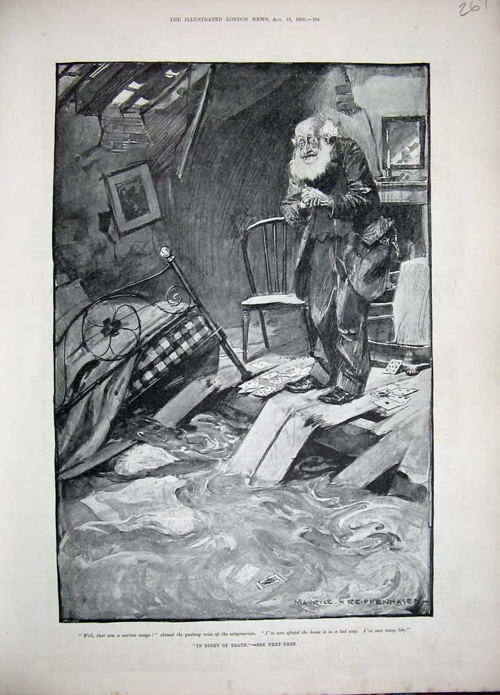 Original Old Antique Print 1892 Greiffenhagen Art Man Flooded House Bed Chair
