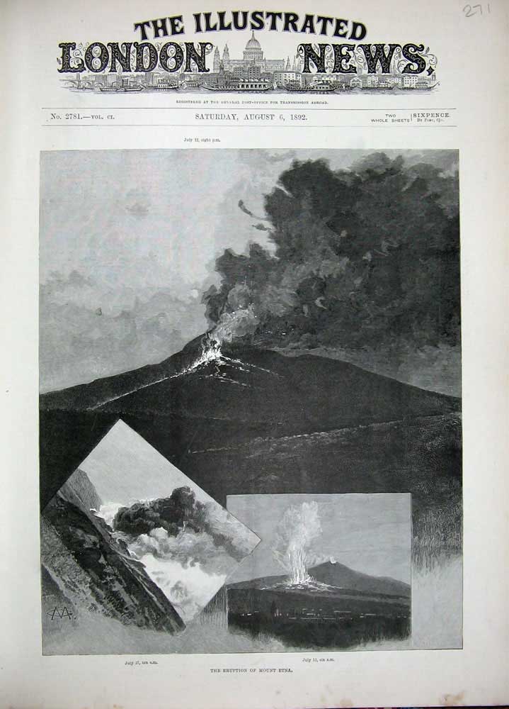 Old Antique Print 1892 Eruption Mount Etna Volcano Mountain Lava Fine Art 19th