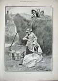 Original Old Antique Print 1892 Farm Romance Letter Haystack Buckets Woman Men