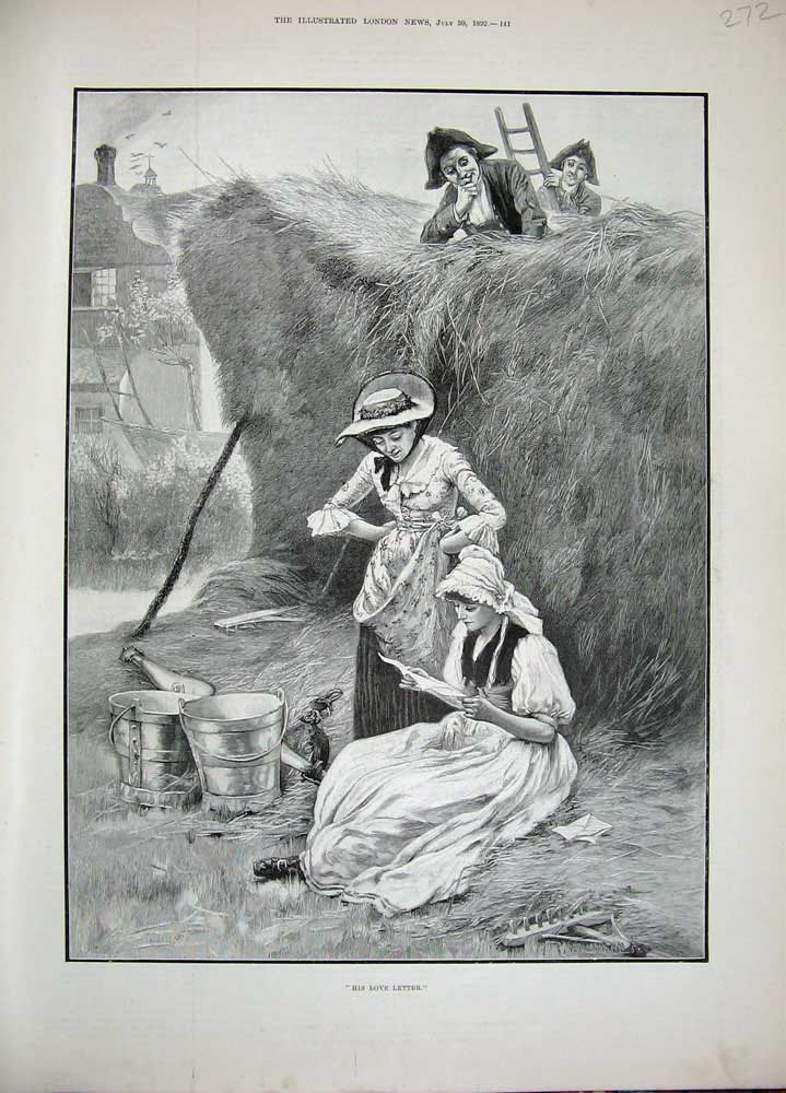 Original Old Antique Print 1892 Farm Romance Letter Haystack Buckets Woman Men