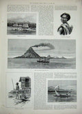 Old Antique Print 1892 Sanguir Natives Houses Boat Sea Ship Volcano Art 19th