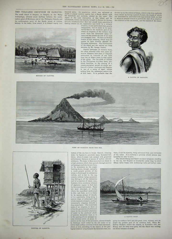 Old Antique Print 1892 Sanguir Natives Houses Boat Sea Ship Volcano Art 19th