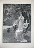Old Antique Print 1892 Naumann Fine Art Women Garden Trees House Chairs 19th