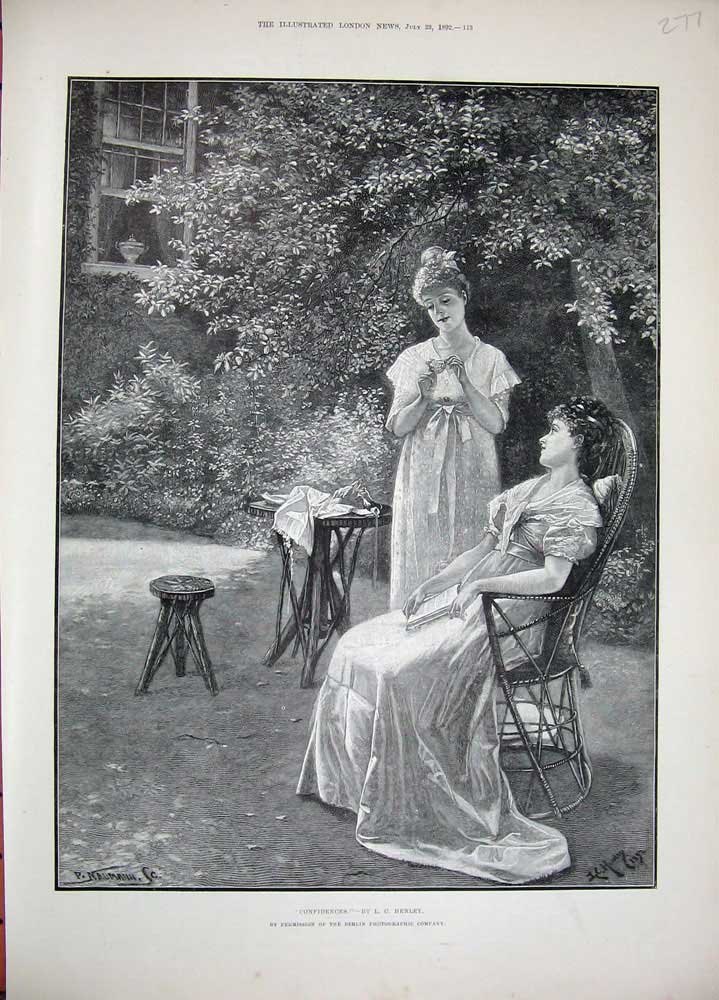 Old Antique Print 1892 Naumann Fine Art Women Garden Trees House Chairs 19th