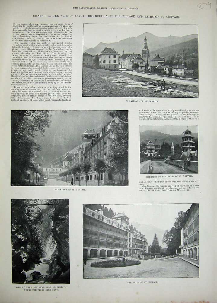 Old Antique Print 1892 Alps Mountains Savoy Gervais Baths Gorge Bon Nant 19th