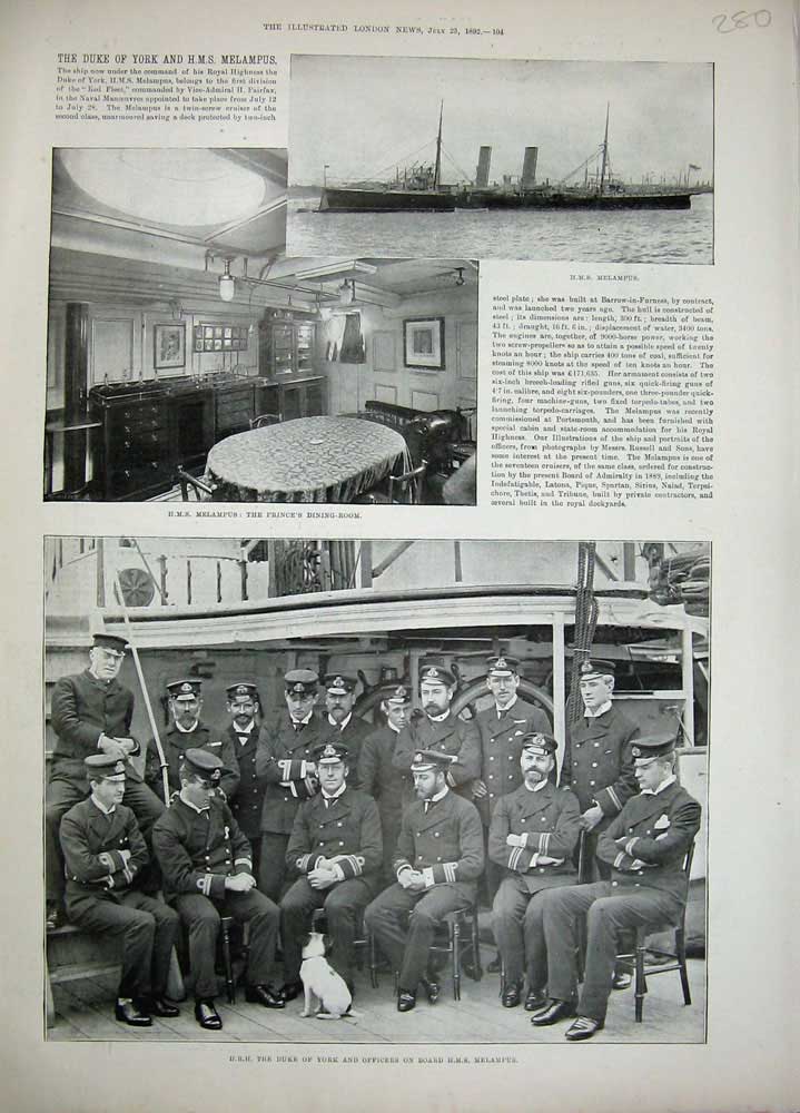 Old Antique Print 1892 Duke York Officers Ship H.M.S Melampus Dining Room 19th