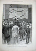Old Antique Print 1892 General Election Smoke Room Liberal Club Polls Men 19th