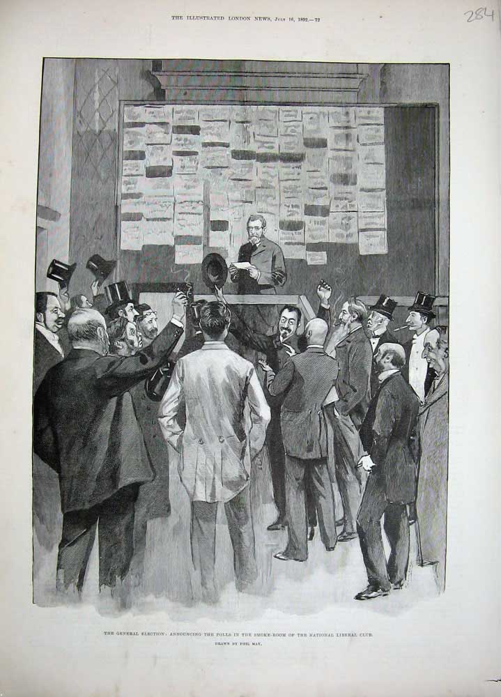 Old Antique Print 1892 General Election Smoke Room Liberal Club Polls Men 19th