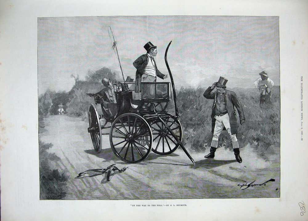 Original Old Antique Print Fine Art 1892 Country Lane Carriage Men Elections