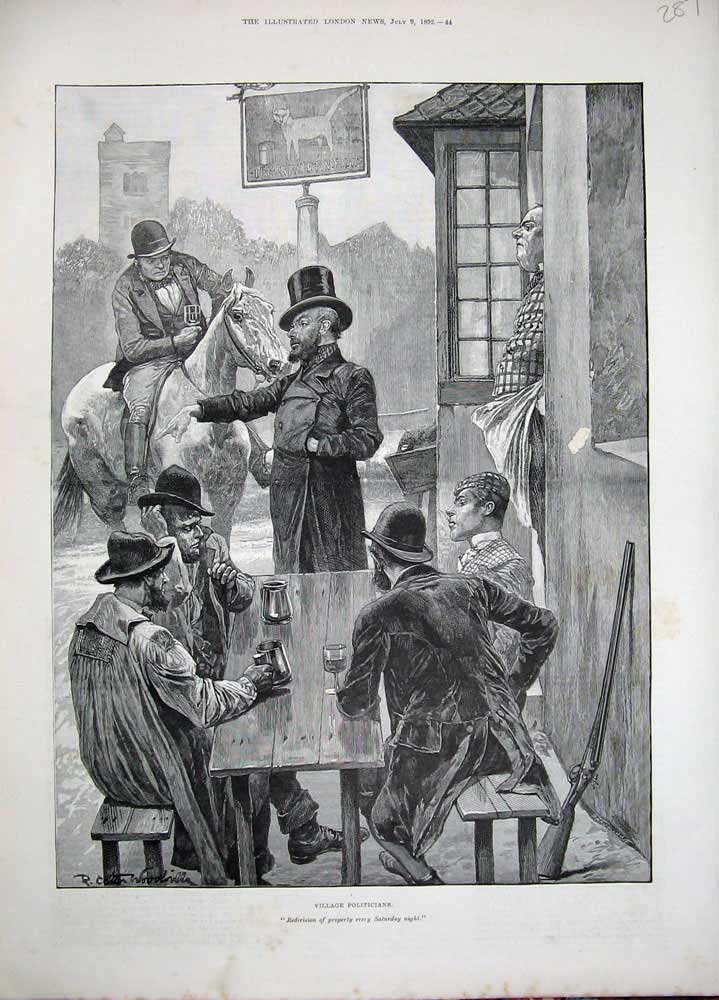 Old Antique Print 1892 Woodville Fine Art Village Politicians Men Table 19th