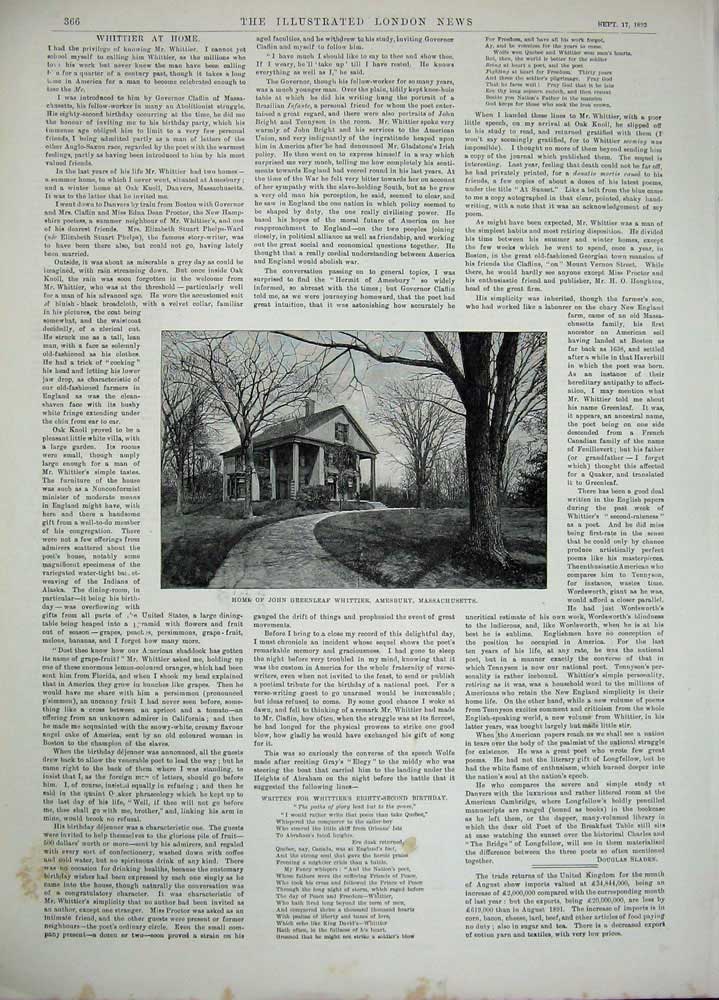 Antique Old Print 1892 John Green Whittier Amesbury Massachusetts America 19th