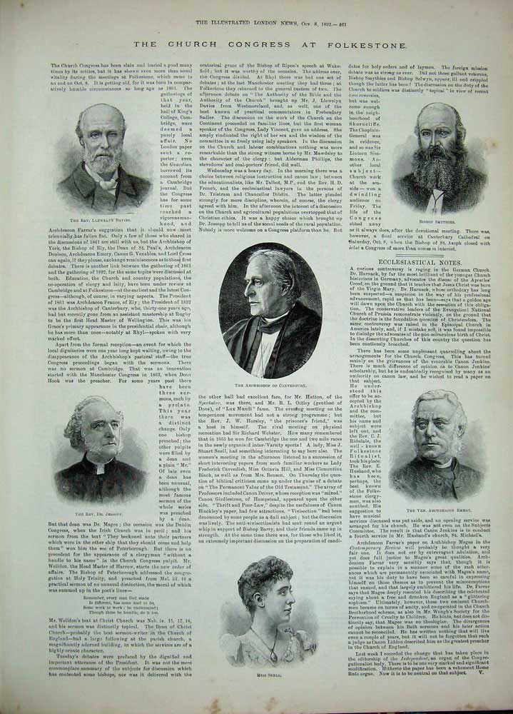 Old Antique Print 1892 Church Folkestone Archbishop Canterbury Emery Men 19th
