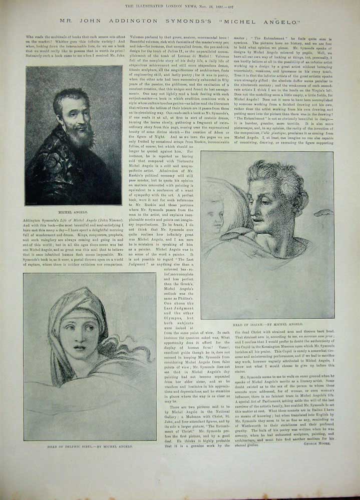 Old Antique Print Michel Angelo Sibyl Isaiah 1892 Music Man Girl Chair 19th