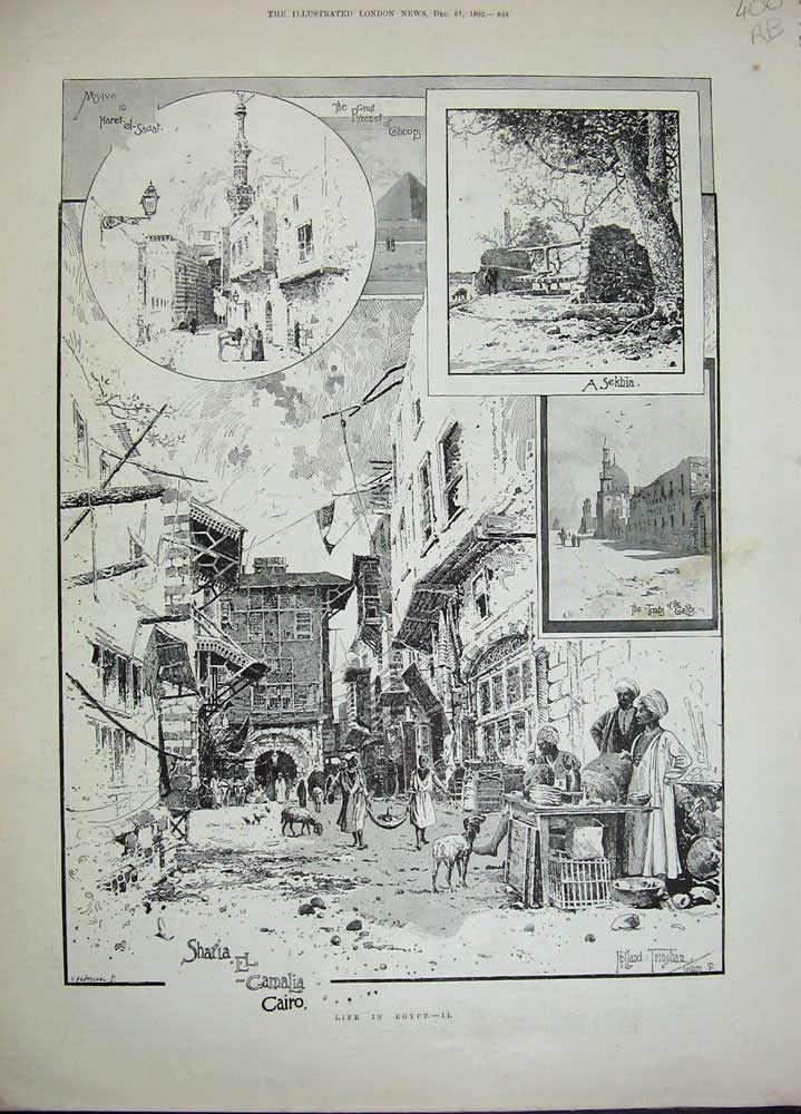 Old Antique Print 1892 Egypt Cairo Sharia-El-Aybar Mosque Sekhia Tombs 19th