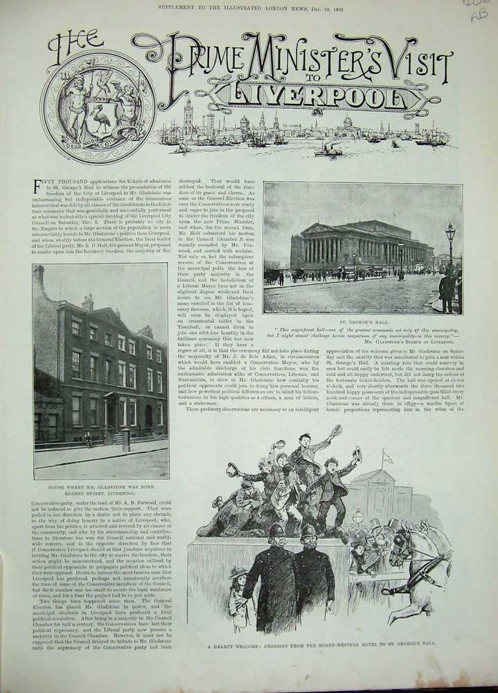 Old Antique Print 1892 Prime Minister Liverpool Gladstone George'S James 19th