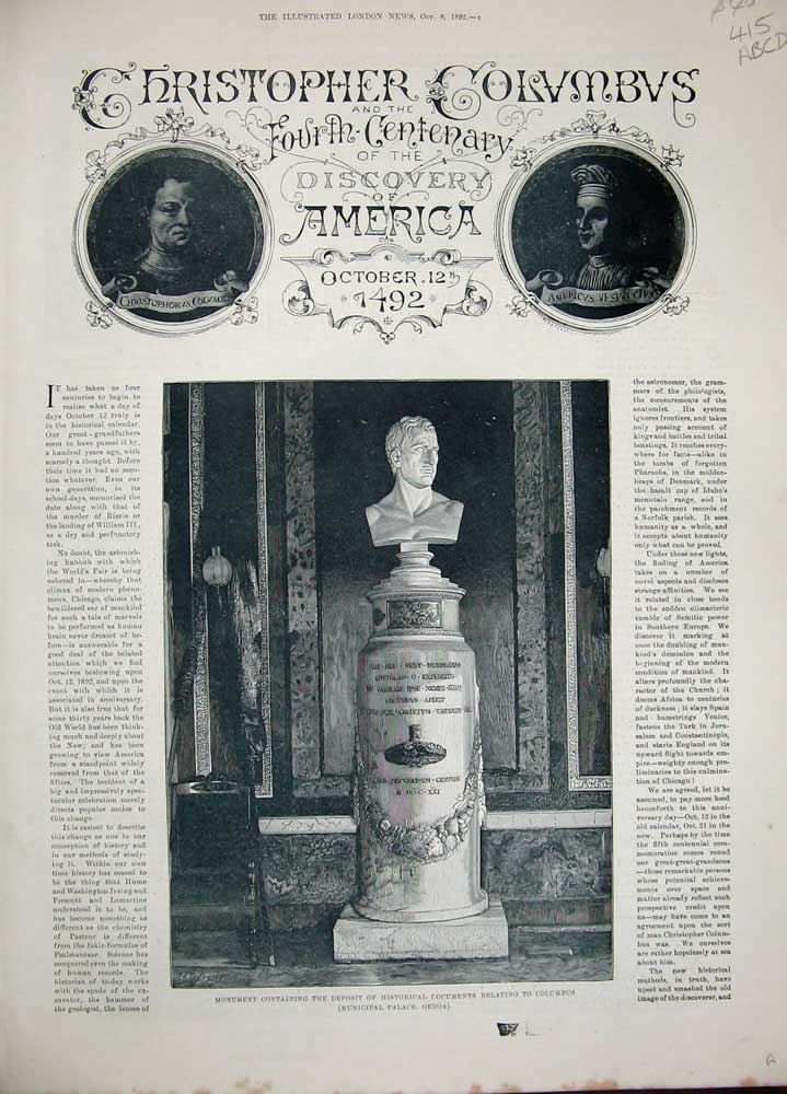 Original Old Antique Print 1892 Christopher Columbus Genoa Monument Salamanca