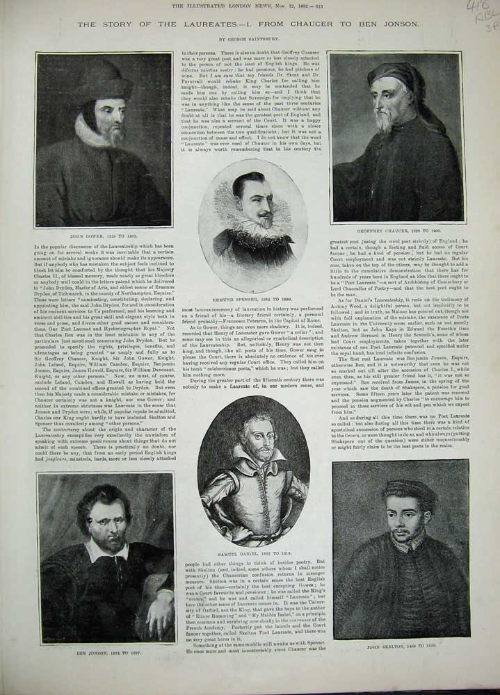 Old Antique Print 1892 Poet Laureates Skelton Chaucer Dryden Wordsworth 19th
