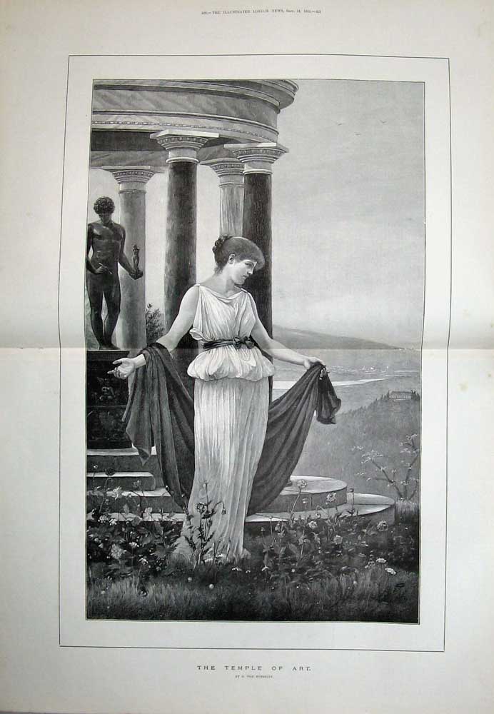 Original Old Antique Print 1892 Temple Art Statue Beautiful Woman Lady Flowers