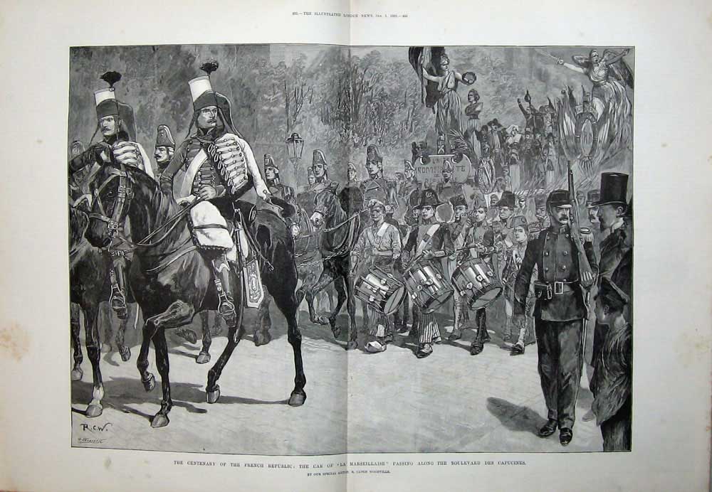 Antique Old Print 1892 France Car La Marseillaise Boulevard Des Capucines 19th