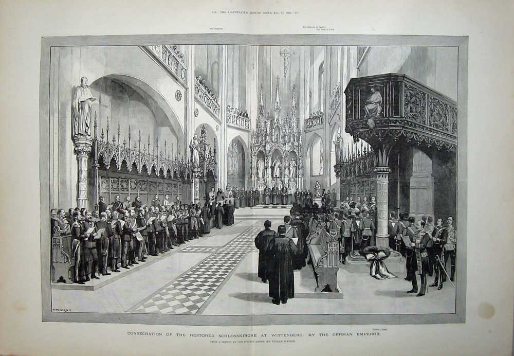 Original Old Antique Print 1892 Consecration Restored Schlosskirche Wittenberg