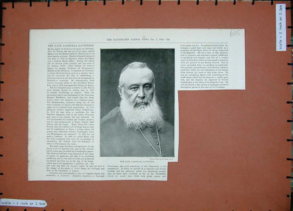 Original Old Antique Print 1892 Photograph Cardinal Lavigerie Man Portrait 19th