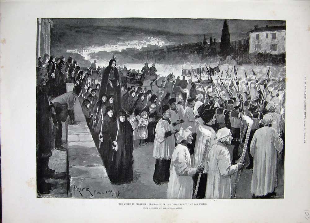Original Old Antique Print 1893 Queen Florence Gesu Morto San Felice Fine Art