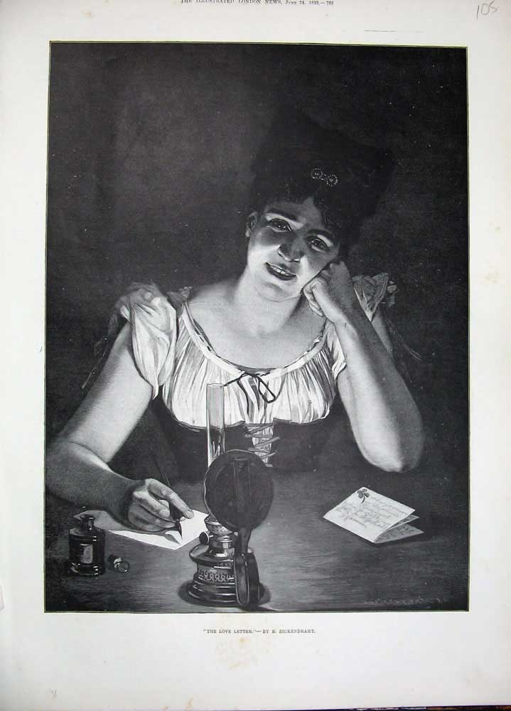 Old Antique Print Zickendraht Fine Art 1893 Beautiful Woman Love Letter 19th