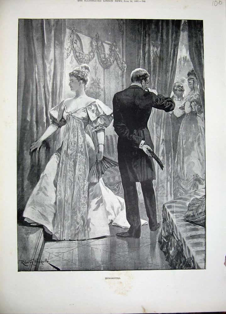 Original Old Antique Print 1893 Woodville Fine Art Man Woman Romance Dance 19th
