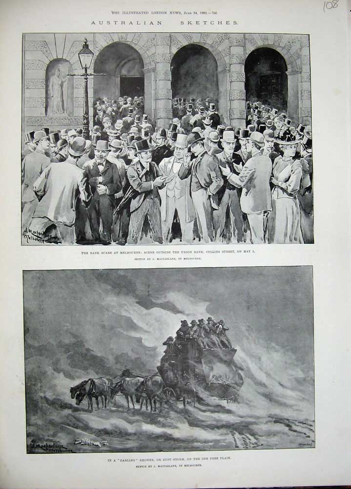 Original Old Antique Print 1893 Australia Bank Melbourne Dust-Storm Tree Plain