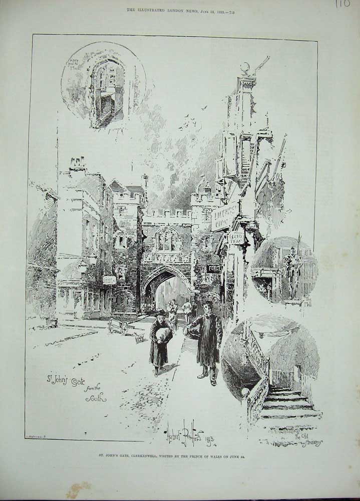 Original Old Antique Print 1893 St John'S Gate Clerkenwell Prince Wales Street