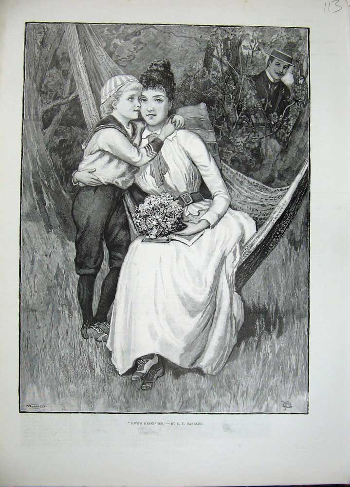 Old Antique Print 1893 Garland Fine Art Little Boy Woman Hammock Flowers 19th