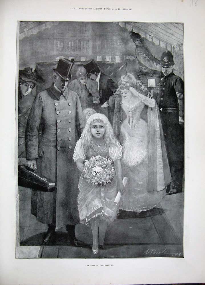 Old Antique Print 1893 Fine Art Wedding Flower Girl Man Music Policeman 19th