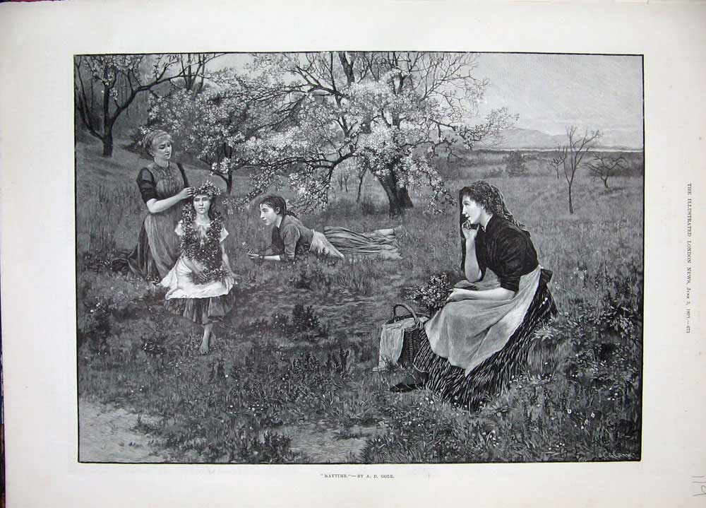 Original Old Antique Print 1893 May Scene Country Women Children Flower Trees