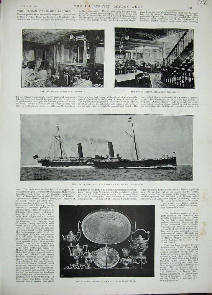 Original Old Antique Print 1893 Belgian Mail Passenger Steam Ship LeopGwyther