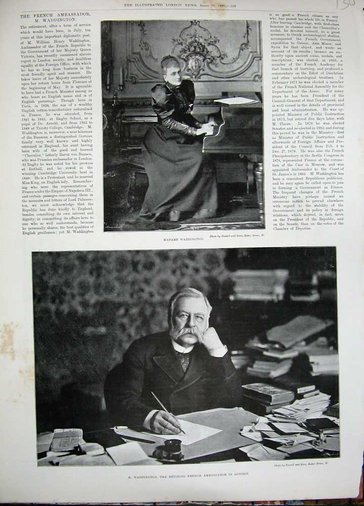 Original Old Antique Print 1893 Madame Waddington French Ambassador London Man