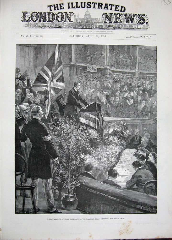 Old Antique Print Men Meeting Irish Delegates Albert Hall Union Jack 1893 19th