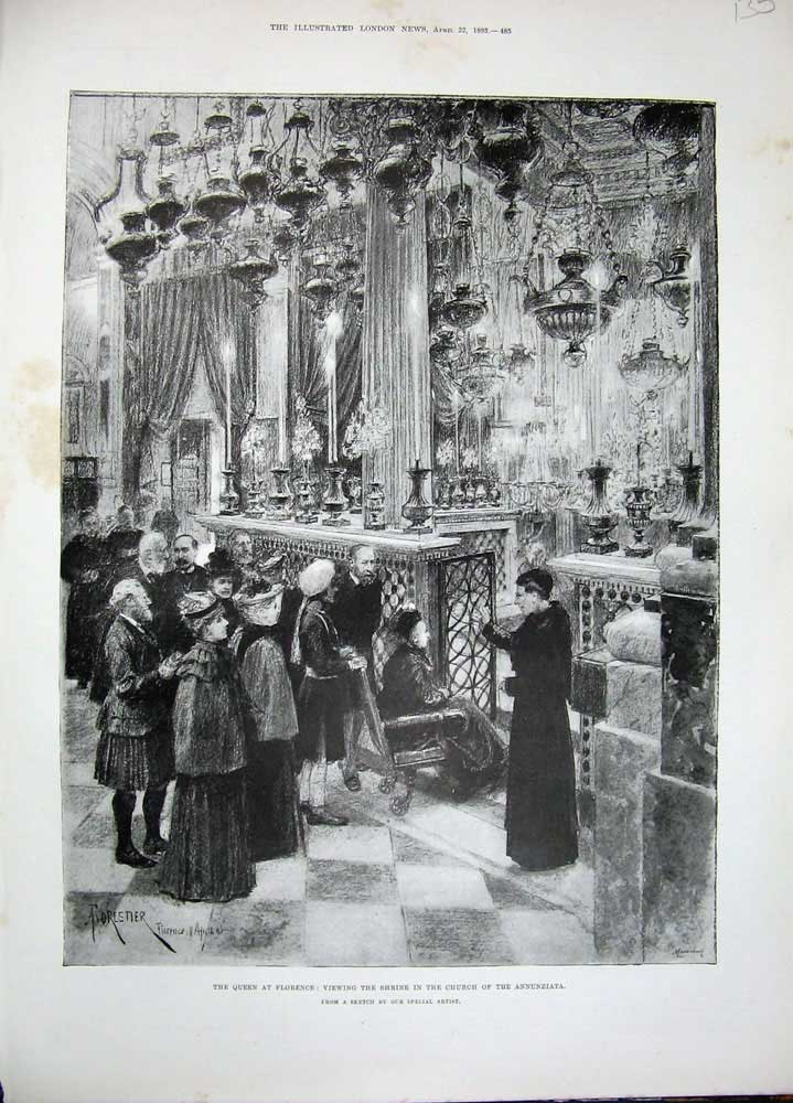 Old Antique Print 1893 Queen Florence Shrine Church Annunziata Fine Art 19th