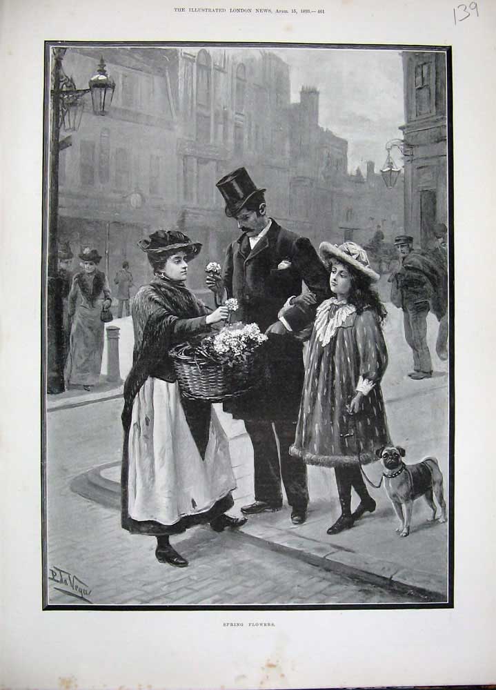 Old Antique Print 1893 Spring Flowers Street Seller Man Little Girl Dog 19th