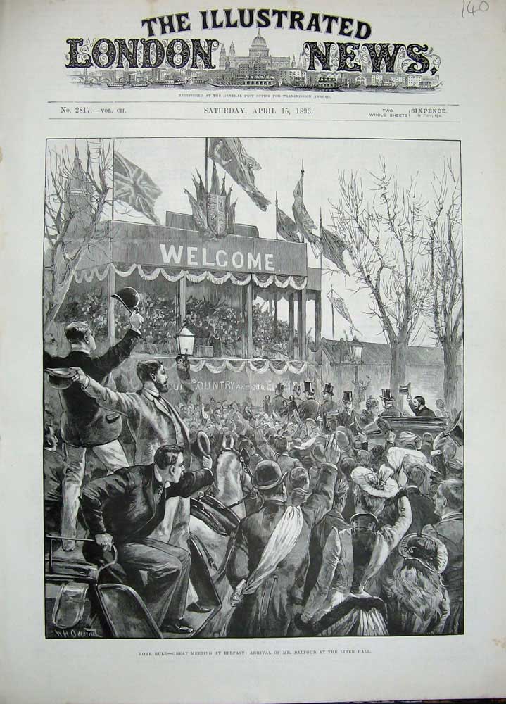 Original Old Antique Print 1893 Meeting Belfast Mr Balfour Linen Hall Ireland