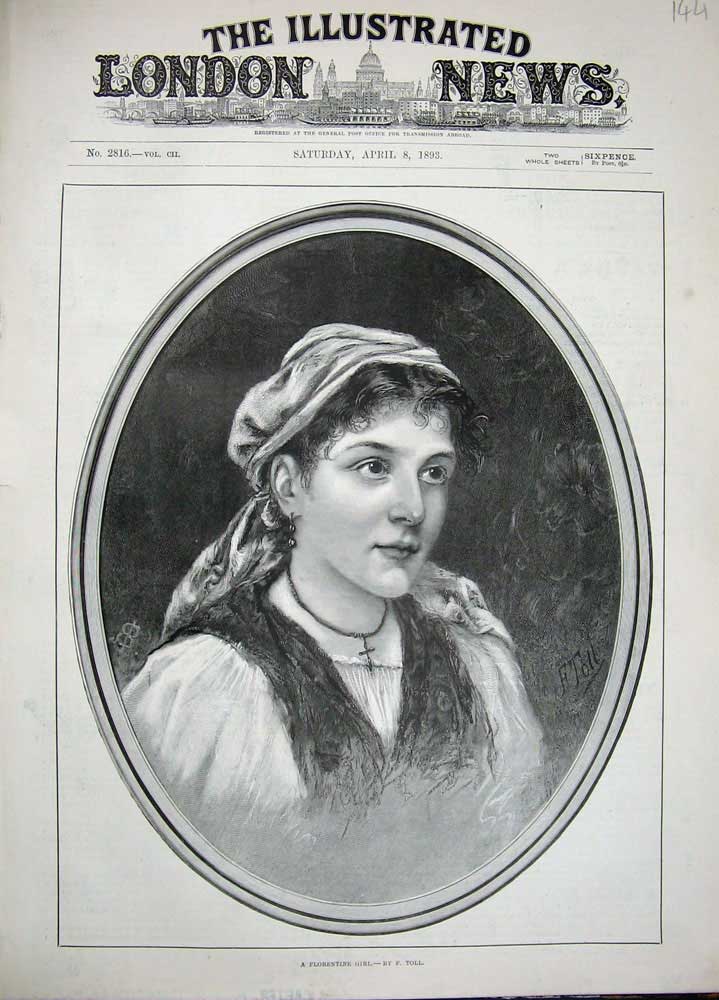 Original Old Antique Print 1893 Portrait Florentine Girl Toll Fine Art 19th