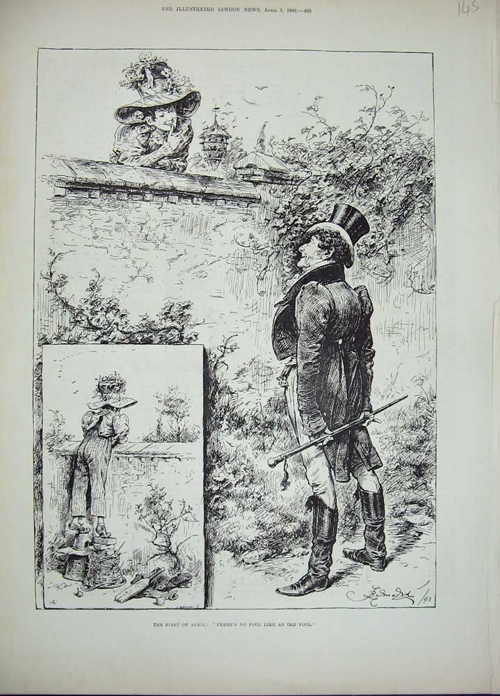 Original Old Antique Print 1893 April Fools Man Woman Country Wall Victorian