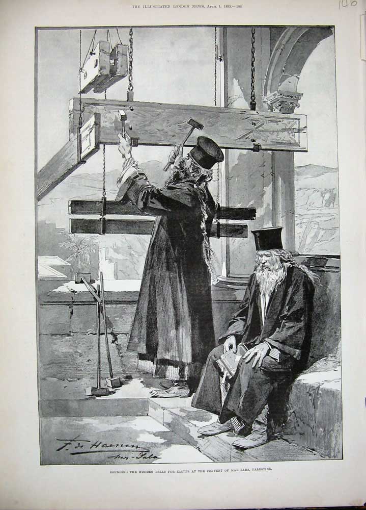 Old Antique Print 1893 Sounding Wooden Bells Easter Convent Palestine Mar 19th